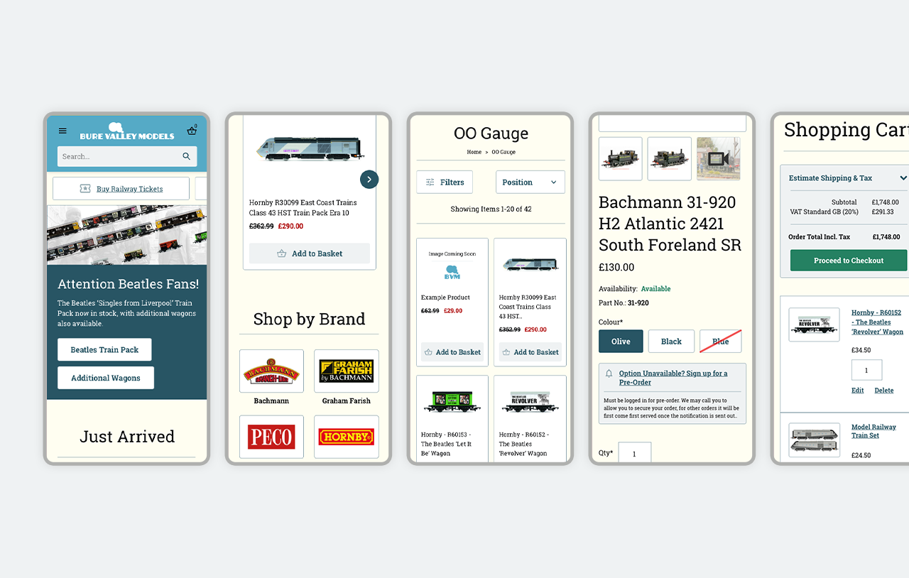 Bure Valley Models website displayed on both mobile and desktop screens, featuring train models and a shopping cart interface. The layout is clean and professional, with a calm and inviting atmosphere. No visible text.