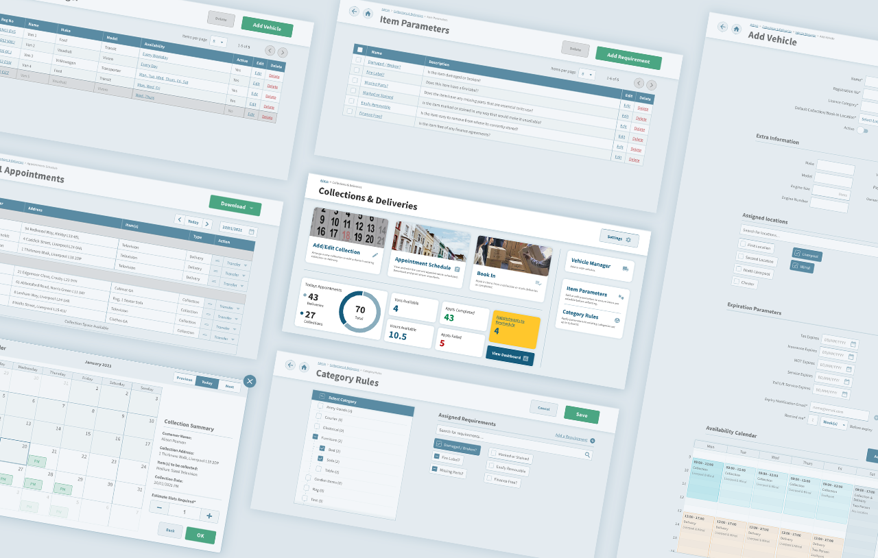 Collections and Deliveries module interface showing form fields and buttons for managing orders. The environment is organized and businesslike, focused on efficiency. No visible text.
