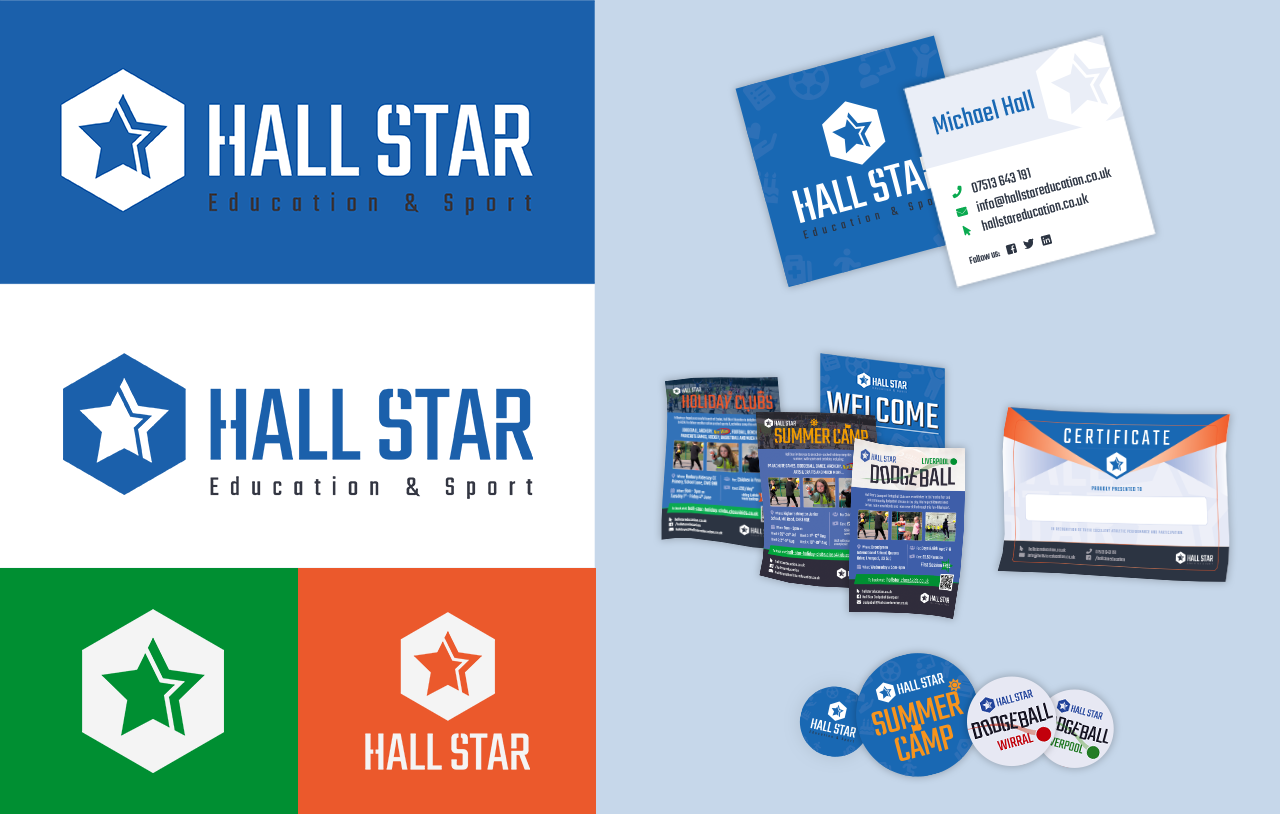 Hall Star branding collateral including business cards and stationery with a bold logo and blue color scheme. The design is modern and energetic, creating a confident mood. Visible text includes Hall Star.