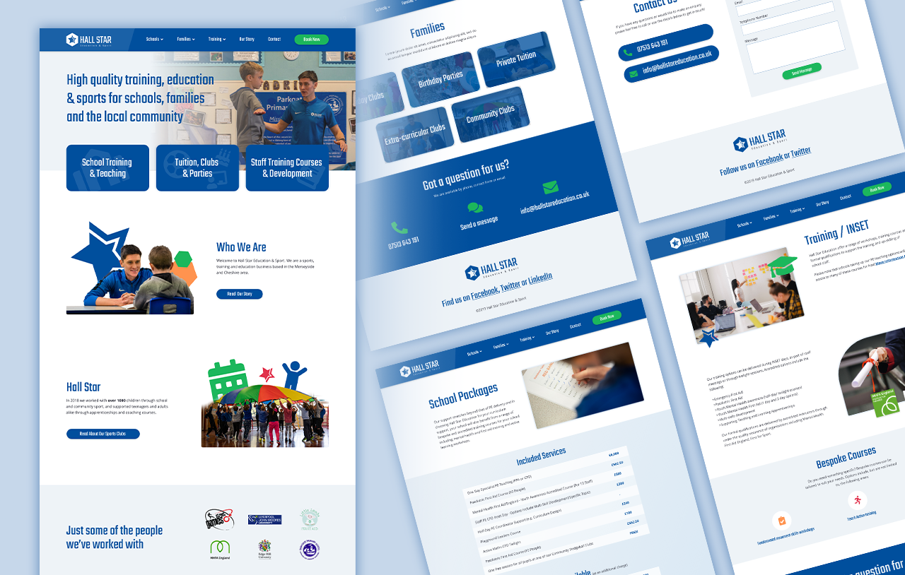 Hall Star website homepage featuring a navigation menu, hero image, and promotional text. The design is sleek and contemporary, with a welcoming and upbeat mood. Visible text includes Hall Star.