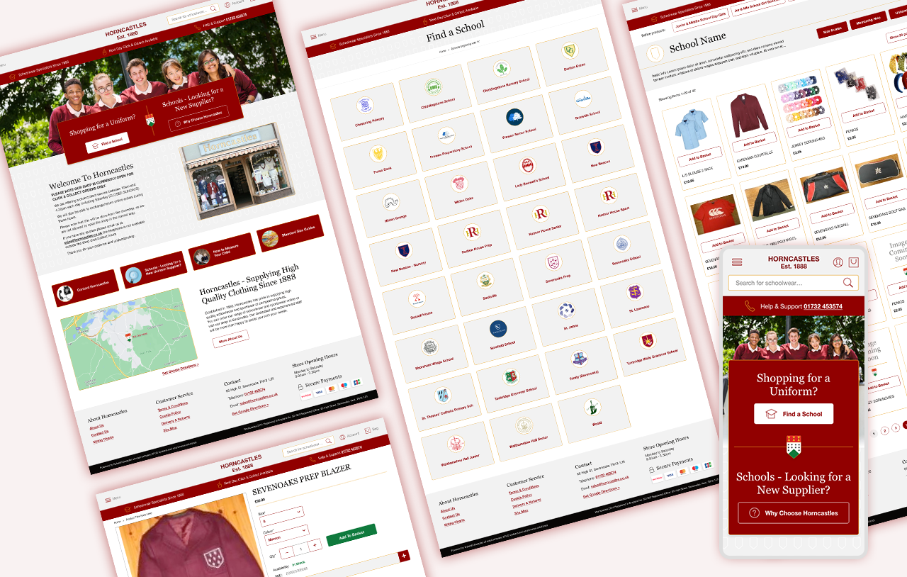Horncastles retail website showing product listings for school uniforms and accessories. The environment is friendly and approachable, with clear product information. Visible text includes Horncastles.