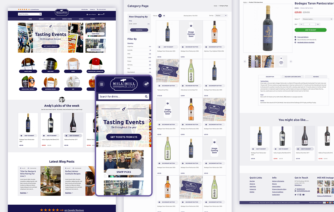 Mill Hill Wines website displaying wine bottles, product categories, and shopping options. The atmosphere is warm and inviting, with a sense of sophistication. Visible text includes Mill Hill Wines.