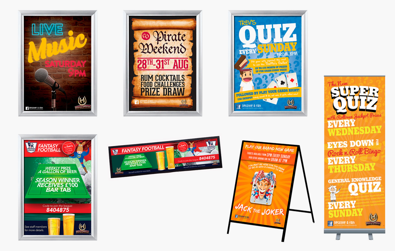 Printed pub items from Hungry Horse, including menus and promotional materials. The environment is casual and lively, suitable for a pub setting. Visible text includes Hungry Horse.