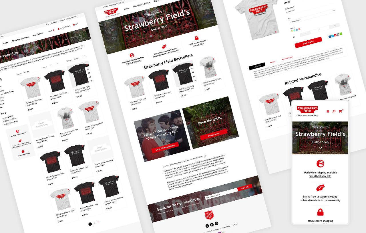 Strawberry Field website showing charity project details, donation options, and inspirational text. The atmosphere is uplifting and compassionate, focused on community support. Visible text includes Strawberry Field.