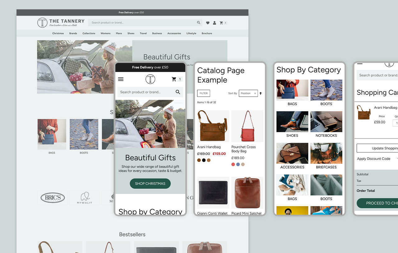 Tannery website displaying leather goods, product categories, and a shopping cart. The setting is stylish and refined, with a sense of craftsmanship. Visible text includes Tannery.